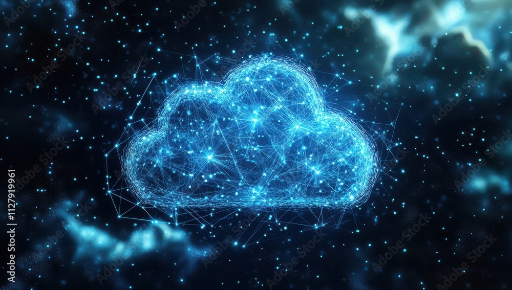 Poster digital cloud computing concept represented by futuristic 3d rendering with glowing nodes and networ