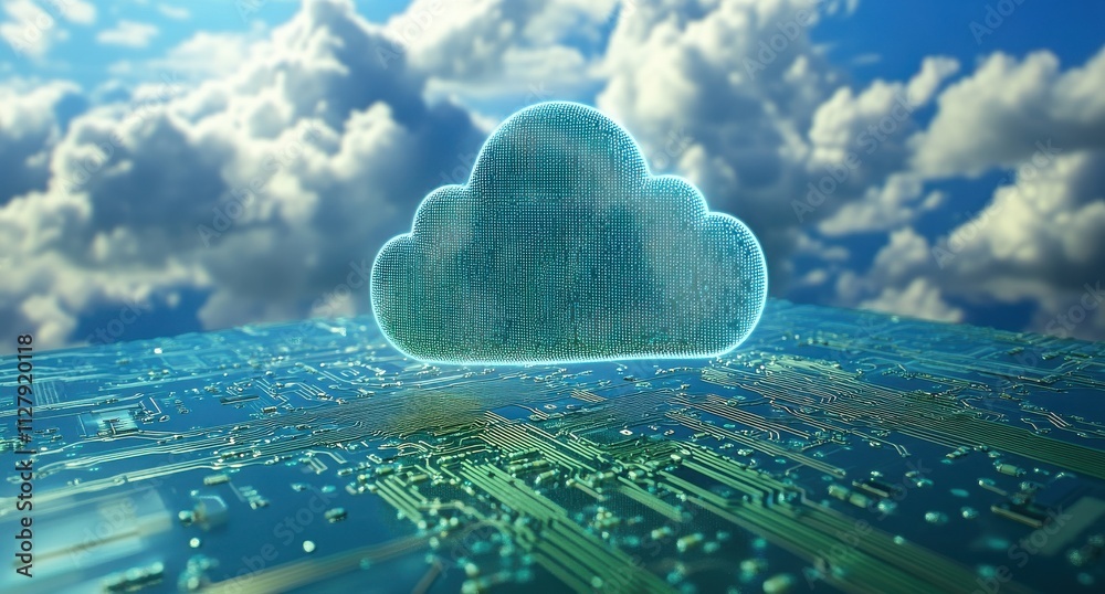 Poster digital cloud computing concept with circuit board background representing technology, data storage,