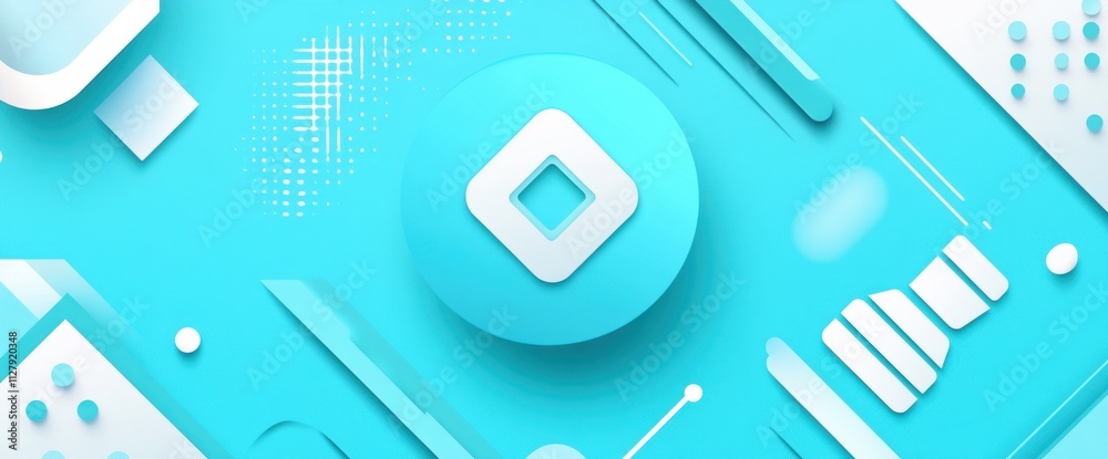 Leinwandbilder abstract cyan background with geometric shapes and a central square icon.