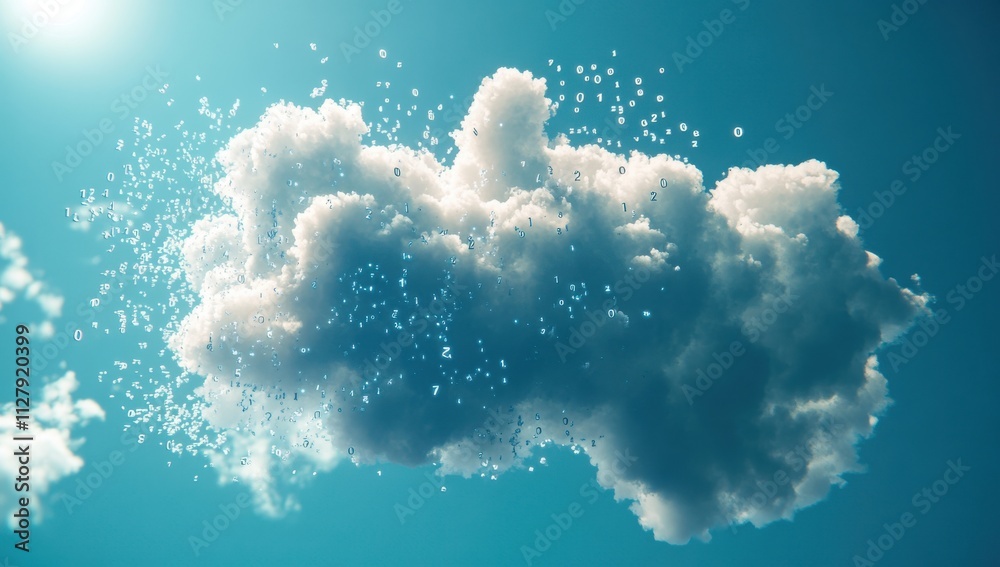 Poster digital cloud concept representing data storage and technology with floating numbers and symbols in 