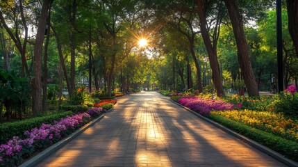 Obraz premium 57.A scenic view of the walkway in Queen Sirikit Park, surrounded by diverse tropical vegetation and colorful flower beds. The pathway meanders through the lush landscape, with towering trees