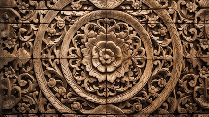 wood carvings, detailed displays of carved wood, decorations depicting flowers, displaying intricate craftsmanship and artistic designs