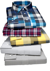 A stack of plaid structured shirt.