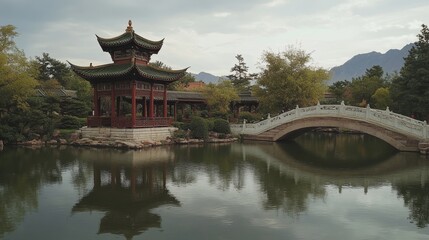 51.A serene scene at Black Dragon Pool Park featuring a traditional Chinese pagoda with intricate carvings and vibrant red and gold details. The pagoda stands near a graceful pavilion with curved