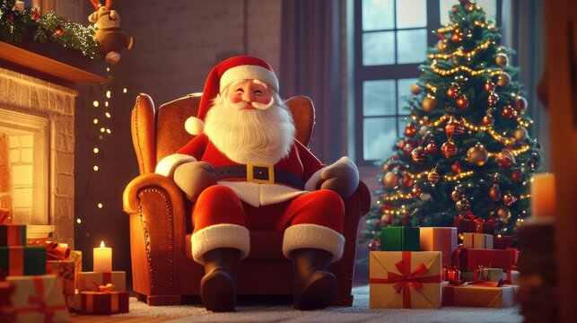 Santa rest in arm chair at home with Christmas decoration.