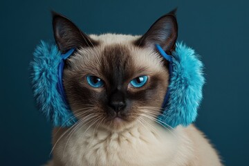 Serious Siamese cat wearing blue furry earmuffs against a teal background.