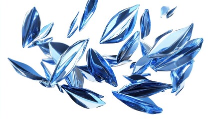 Abstract blue glass shards floating on white background.
