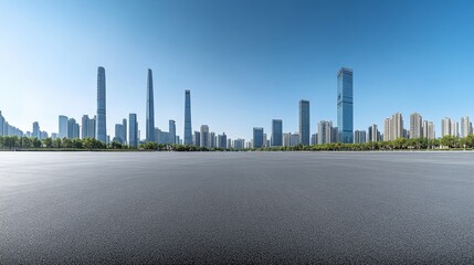 Obraz premium 32.A wide-open square in Guangzhou, featuring a blend of modern high-rise buildings with reflective glass facades. The empty road stretches across the foreground, creating a spacious perspective that