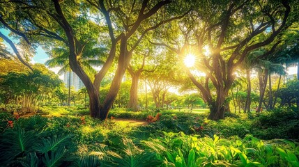 Naklejka premium 44.A sunlit view of Kapiolani Park in Hawaii, showcasing vibrant greenery and large, leafy trees. Sunlight filters softly through the tree canopy, casting warm, natural light across the park and