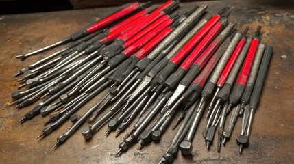 Fototapeta premium Assorted Precision Tools with Red Handles on Workbench Surface