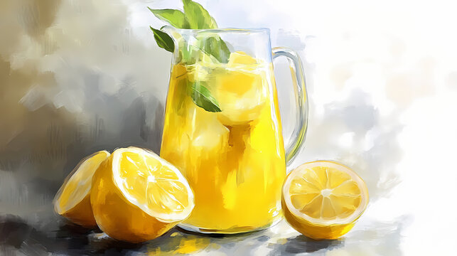 Limones y un jarro de vidrio con limonada arte conceptual. Fresco. Illustration