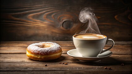 A delightful morning treat a steaming cup of coffee and a powdered donut on rustic wood