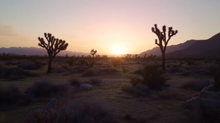 67.A tranquil dawn in the desert, showcasing Joshua trees silhouetted against a brilliant sunrise. The sandy ground stretches toward the horizon, with scattered rocks and shrubs bathed in soft light.