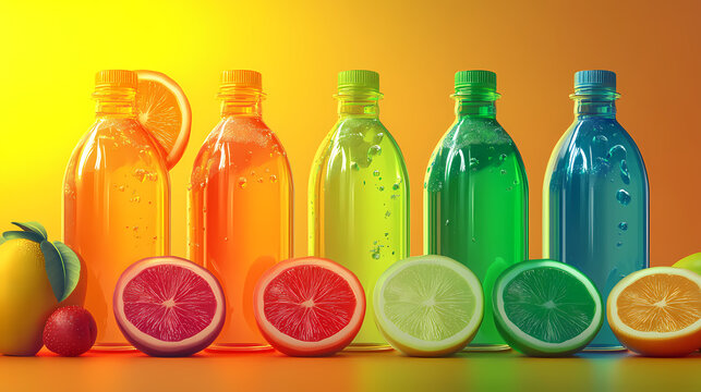 Mockup botella y frutas de colores con luz fluorescente. Fresco. Illustration
