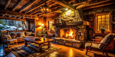 Capture cozy cabin vibes! Block fireplace photography highlights rustic interior design.