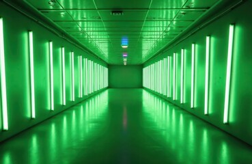 Neon green lights illuminate long hallway. Modern tech design. Empty space. Suitable for sci-fi futuristic themes. Could show tech gaming concepts. Perfect for posters covers. Represents creative