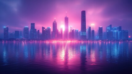 Fototapeta premium Futuristic city skyline at night reflected in calm water with vibrant pink and blue neon lights.