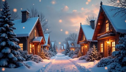Snowy Christmas village at twilight. Cozy wooden houses with warm lights. Decorated with Christmas lights, garlands. Winter wonderland scene. Perfect for holiday cards, invitations. Snowy pathway.