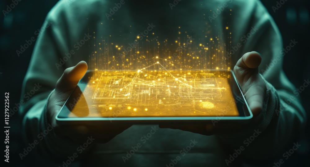 Poster glowing digital network displayed on tablet.