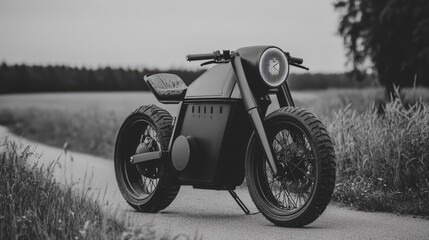 Naklejka premium Sleek Black Motorcycle on Open Road Surrounded by Nature