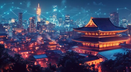 Enchanting Nightscape of a Traditional Temple Overlooking a Futuristic City with Glowing Lights and Digital Connections in a Vibrant Urban Landscape