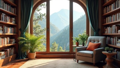 Cozy home library room with panoramic view. Rustic wood bookshelves showcase collection of books. Plants, armchair create relaxing atmosphere. Mountain scenery outside large window. Perfect setting