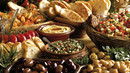 tempting array of Mediterranean dishes, including hummus and falafel, awaits