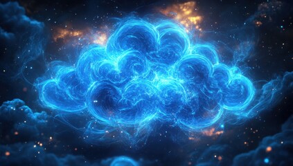 Ethereal Blue Cloud Against a Starry Background with Glowing Cosmic Elements Representing Dreamy and Fantastical Atmosphere for Creative Concepts