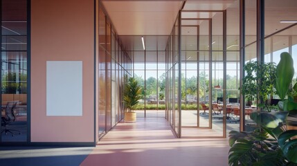 Modern Office Interior Design with Glass Walls and Greenery