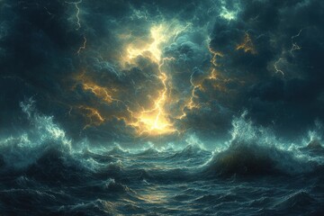 Dramatic Night Sea Landscape with Stormy Waves and Lightning