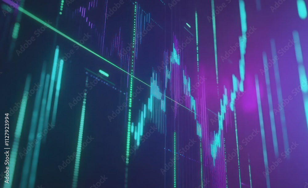 Poster Abstract futuristic stock market data visualization with glowing lines and charts.