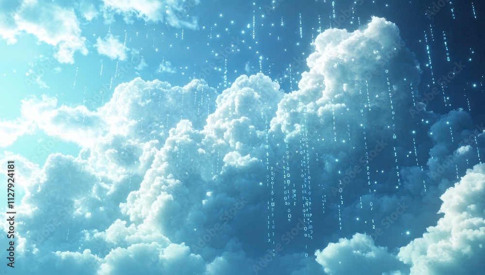 Poster ethereal clouds with digital rain and binary code in a bright sky creating a stunning visual represe