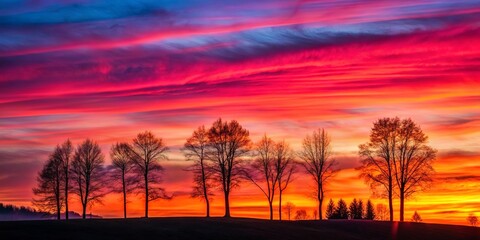 Obraz premium Vibrant Sunset Hues Paint the Sky Above a Row of Silhouetted Trees on a Scenic Horizon