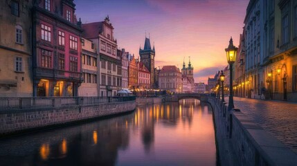 Fototapeta premium Historic European city skyline, cobblestone streets, river running through, twilight, 