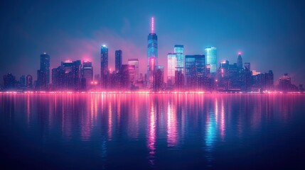 Fototapeta premium Vibrant neon cityscape at night reflected in calm water.