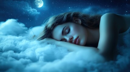 A serene woman peacefully sleeps on soft clouds under a starry night sky, illuminated by a gentle moonlight glow.