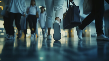 Walking in busy urban environment, people in white and black attire move purposefully, showcasing blend of professionalism and modernity