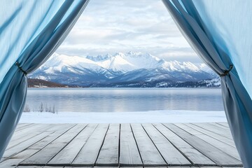 Fototapeta premium Scenic View Through Curtains of Snow-Covered Mountains and Lake in a Winter Wonderland