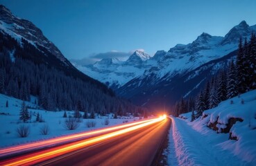 Snowy alpine road at twilight. Car lights streak across road in long exposure. Snowy mountains rise above. Peaceful winter landscape. Nature scenery. Scenic drive. Beautiful travel destination.