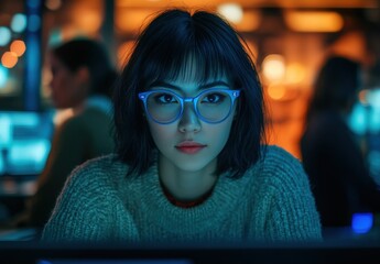 Focused Young Woman in Sweater with Blue Glasses Working in Modern Tech Environment Surrounded by Blurred Background with Neon Lights