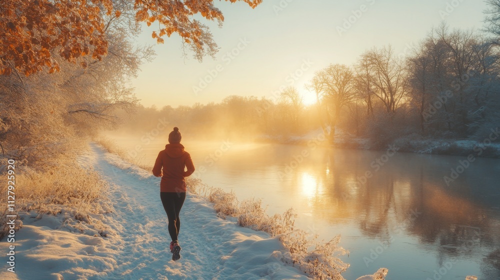Poster a person jogs along a snow-covered path by a river, surrounded by trees and mist, with the sun risin