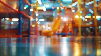 Faint sounds of laughter and excitement emanating from the blurred indoor playground.