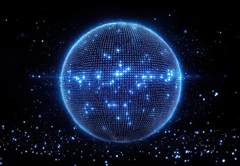Obraz premium Futuristic Blue Glow Sphere with Digital Particles on Dark Background for Abstract Technology, Science, or Space Designs and Concepts