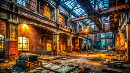 Dark, mysterious urban decay: rusted metal, crumbling concrete, and ghostly shadows tell forgotten stories.