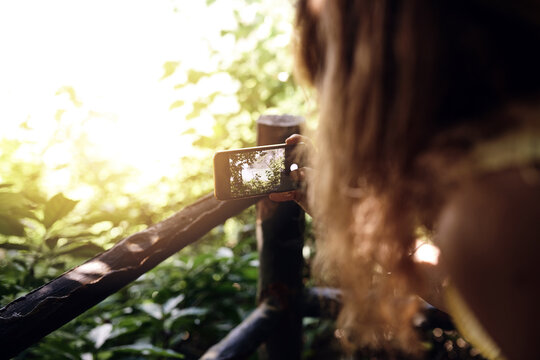 Phone, photography and woman in nature for travel, vacation or weekend trip for blog online. Adventure, cellphone and female person with picture outdoor on holiday in forest for memory or exploring.