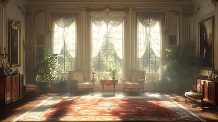Fototapeta premium Elegant antique room with large windows. Concept of luxury, history, and classic interior design.