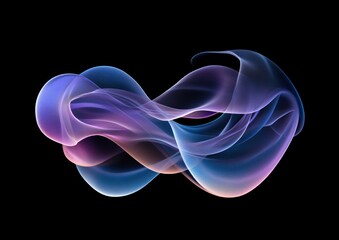 Abstract swirling blue and purple light trails on black background.