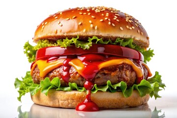 Delicious burger, juicy perfection.  Ketchup splatters, low-light drama, white background.  Food advertising.