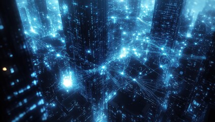 Obraz premium Futuristic Cityscape with Neon Lights and Network Connections, Representing Urban Technology and Digital Innovation in a High-Tech Environment