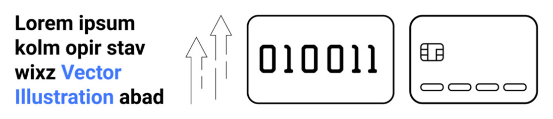 Binary code and credit card outline with growth arrows and placeholder text. Ideal for technology, finance, online transactions, cybersecurity, data analysis, digital marketing, business innovation